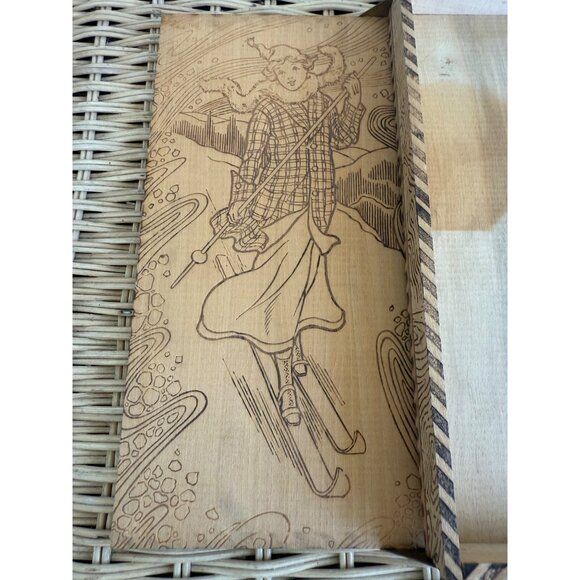 Antique 1910s Flemish Art Pyrography Hanky/Glove Box Girl Snow Skiing - Picture 9 of 14